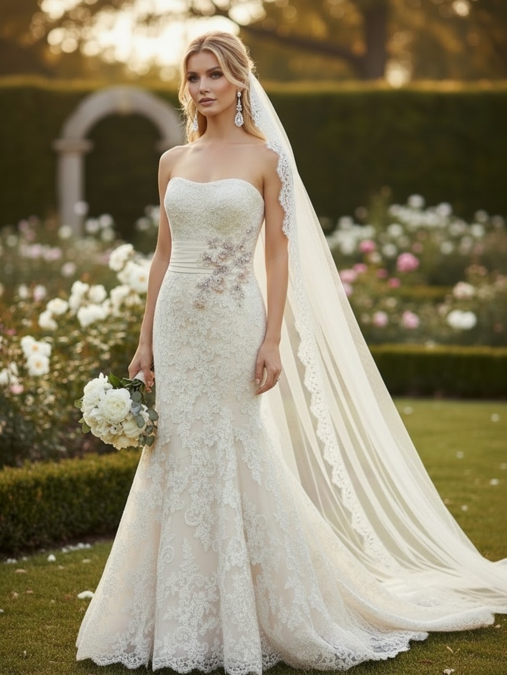 NWT Allure Bridal Blush/Ivory Lace Strapless Fit & Flare Wedding Dress Size 12